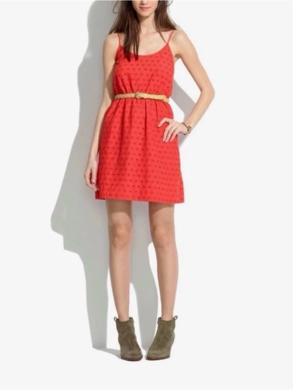Madewell Summer Burnt Red/Orange Eyelet Spaghetti-Strap Midi Dress